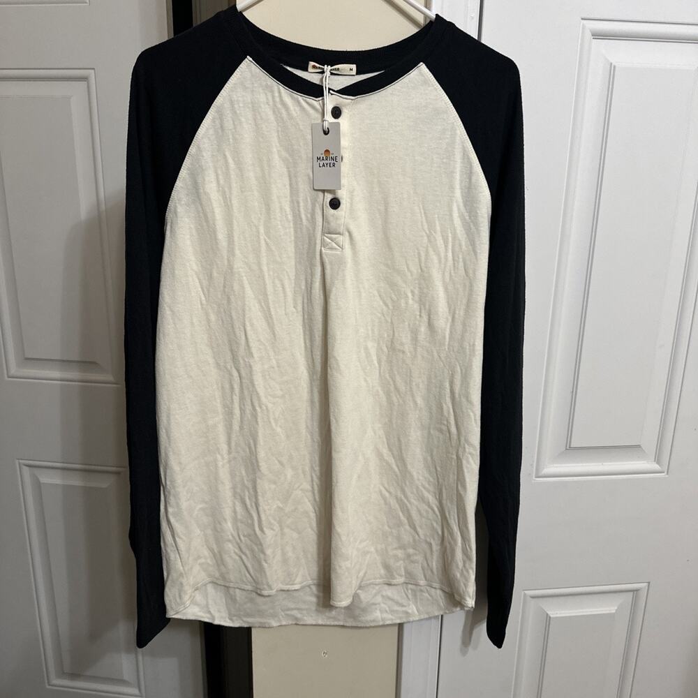 Marine Layer Shirt Mens Medium Black Cream Henley Raglan Long Sleeve Baseball